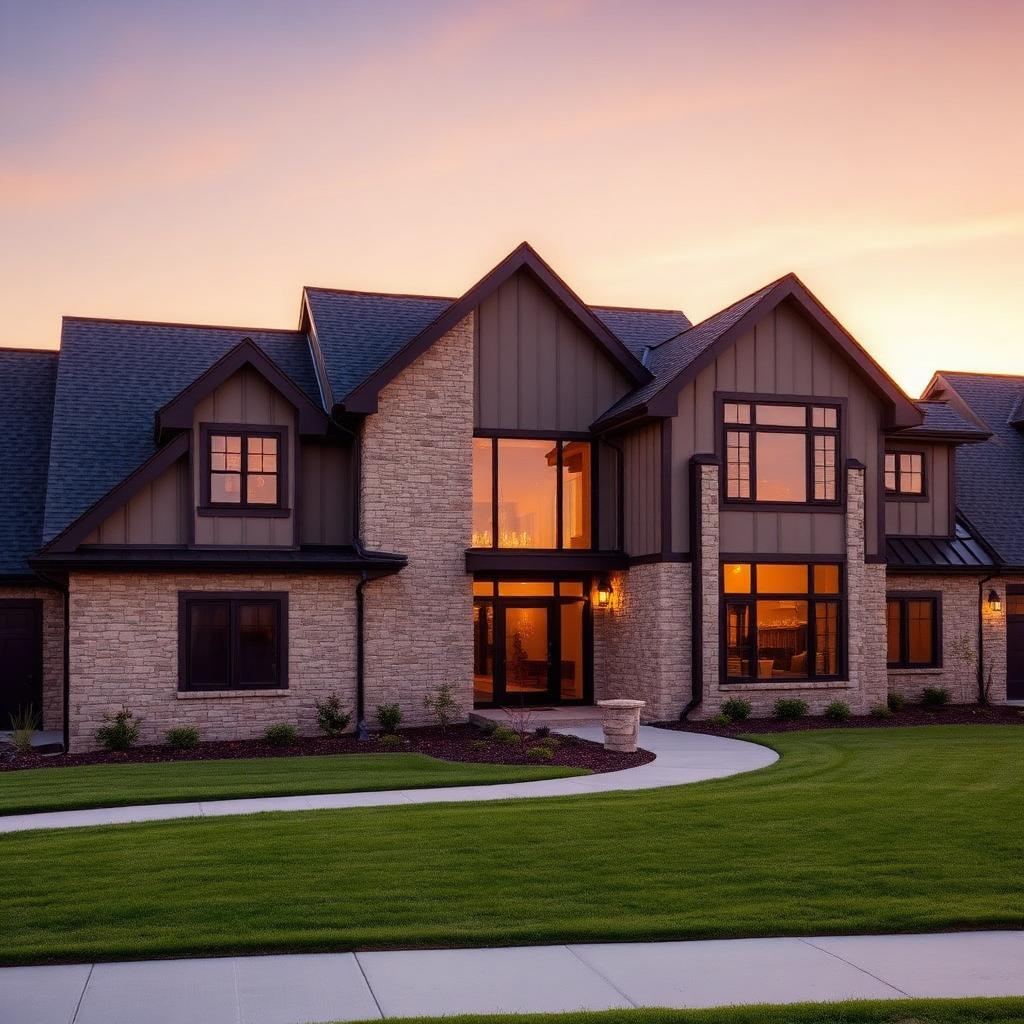 Modern-traditional Kansas custom home exterior at golden hour