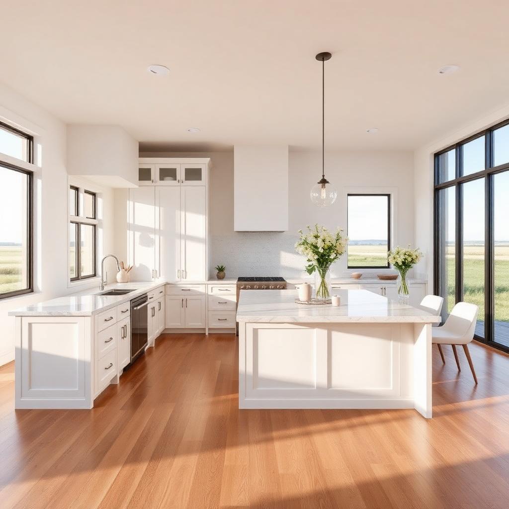 Bright modern farmhouse kitchen with quartz island